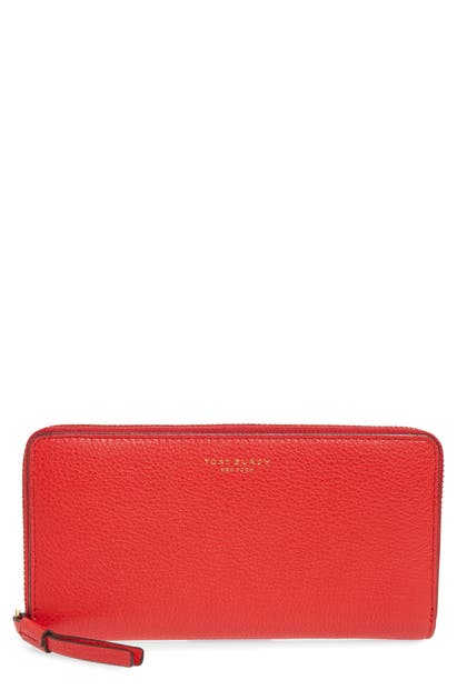 Tory Burch Perry Leather Continental Zip Wallet In Brilliant Red