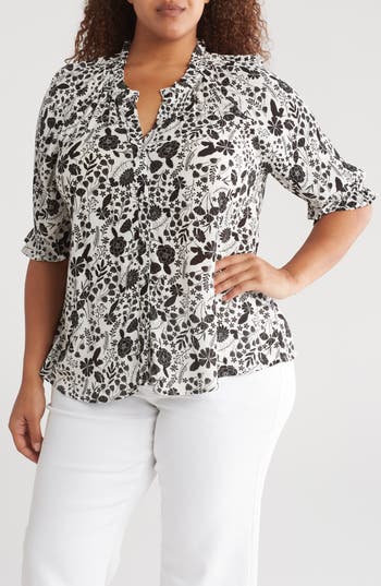 Bobeau Patterned Button-up Top In Black