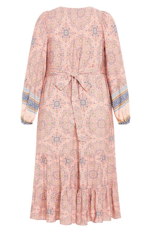 City Chic Clover Tie Belt Button Front Long Sleeve Maxi Dress In Peachy Border