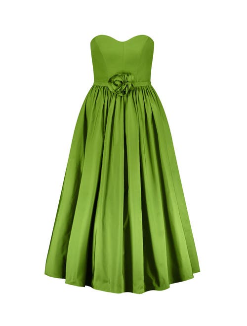 Mac Duggal Strapless Faille A-line Rose Detailed Midi Dress In Pear