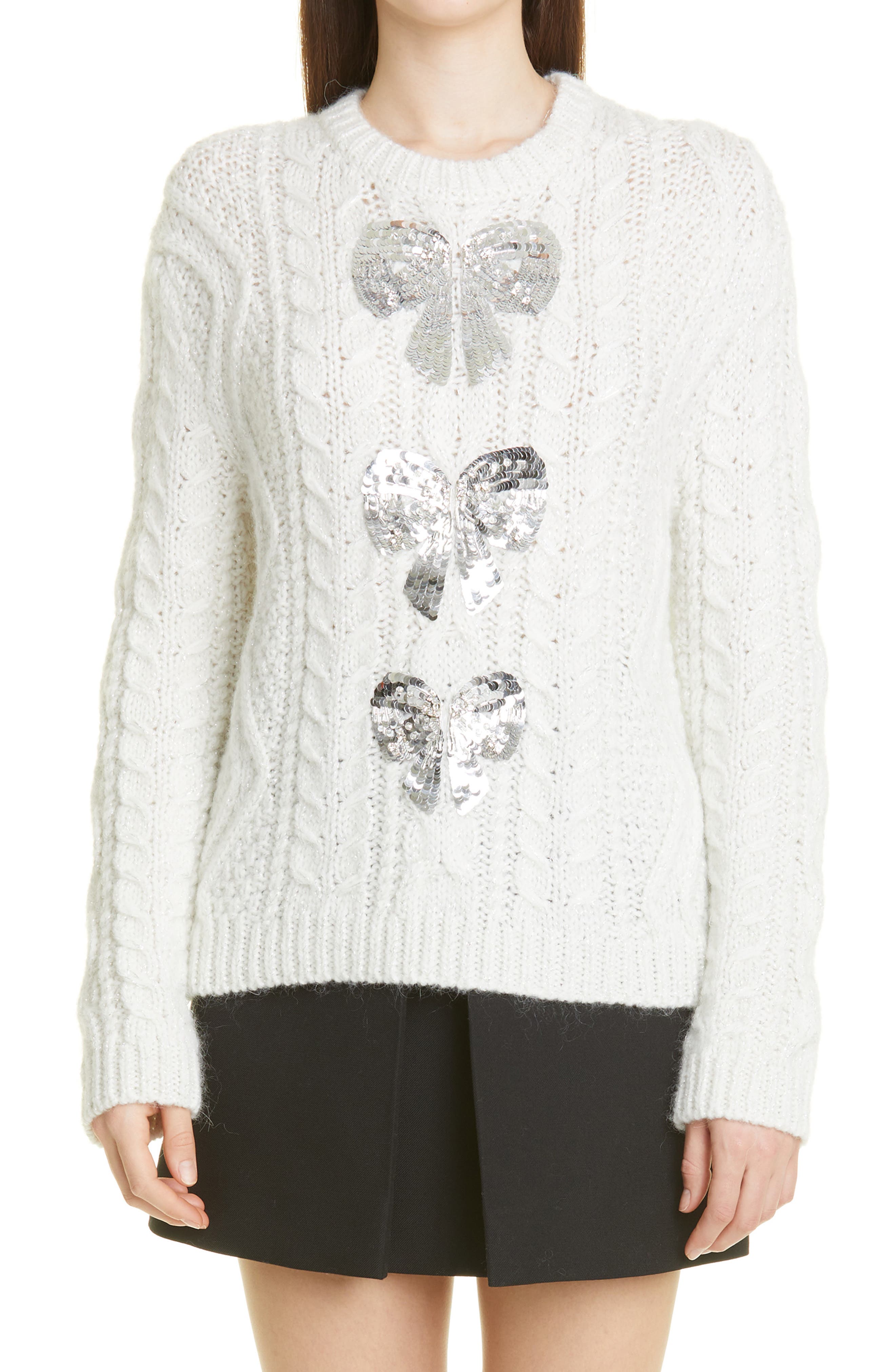 Valentino Sequin Bow Cable Knit Sweater in Bianco Silver Cz7 at Nordstrom, Size Large