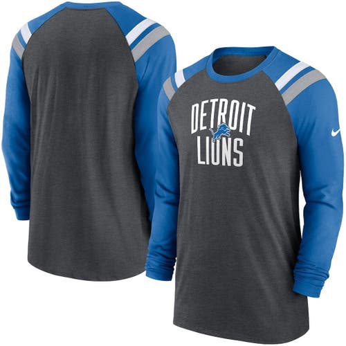 Men's Nike Heathered Charcoal/Blue Detroit Lions Tri-Blend Raglan Athletic Long Sleeve Fashion T-Shirt in Heather Charcoal