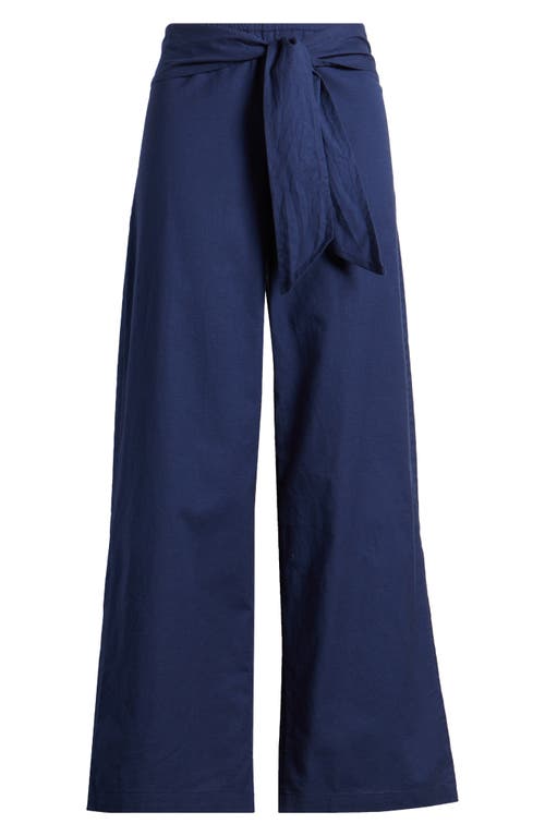 Shop Beachlunchlounge Florencia Tie Waist Wide Leg Cotton & Linen Pants In Midnight Mirage