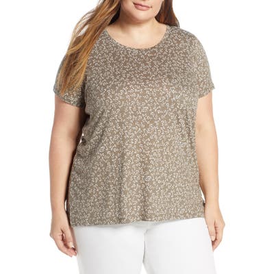 Plus Size Vince Camuto Leafy Calico Linen Blend Pocket Tee, Beige