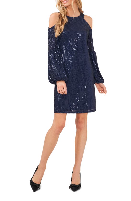 Cece Sequined Cold Shoulder Dress In Cassic Navy