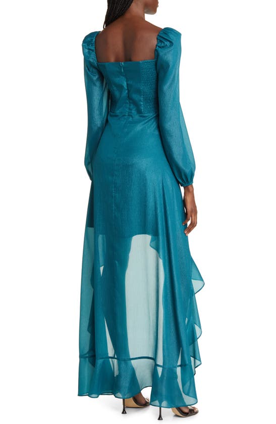 Shop Floret Studios Cascading Ruffle Long Sleeve Satin Dress In Teal