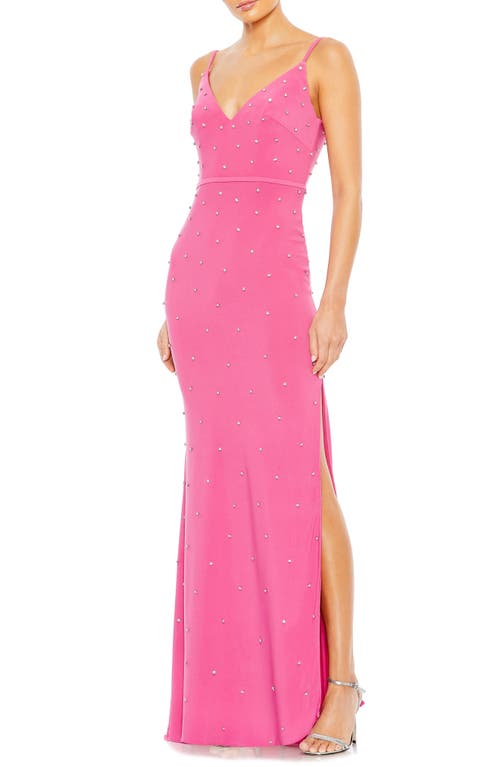 Ieena for Mac Duggal Crystal Dot Side Slit Sheath Gown in Candy Pink