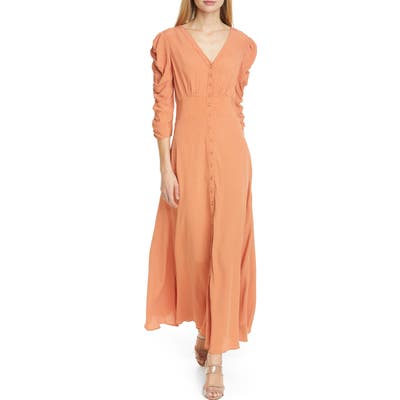 Bytimo Ruched Polka Dot Crepe Maxi Dress, Brown