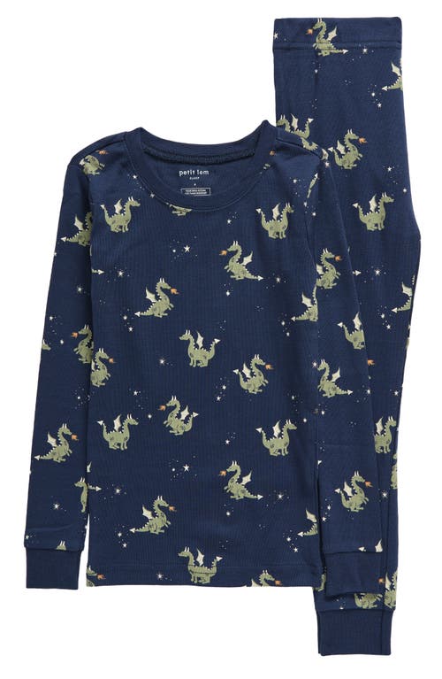 Petit Lem Kids' Fire Breathing Dragon Print Fitted Organic Cotton Two-piece Pajamas In Navy