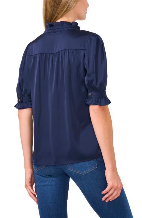 Shop Cece Frill Cuff Satin Button-up Shirt In Classic Navy Blue