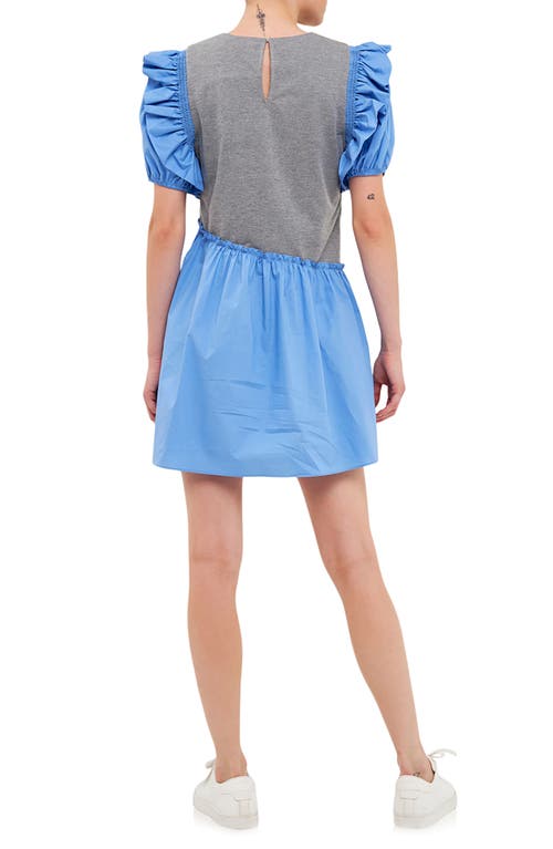 Shop English Factory Mixed Media Ruffle Minidress In Grey/blue