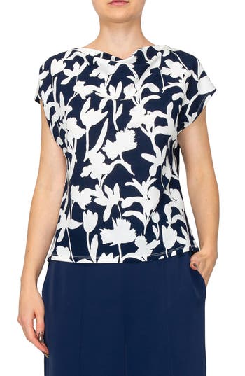 Shop Melloday Floral Cowl Neck Cap Sleeve Top In Ivory/navy Floral
