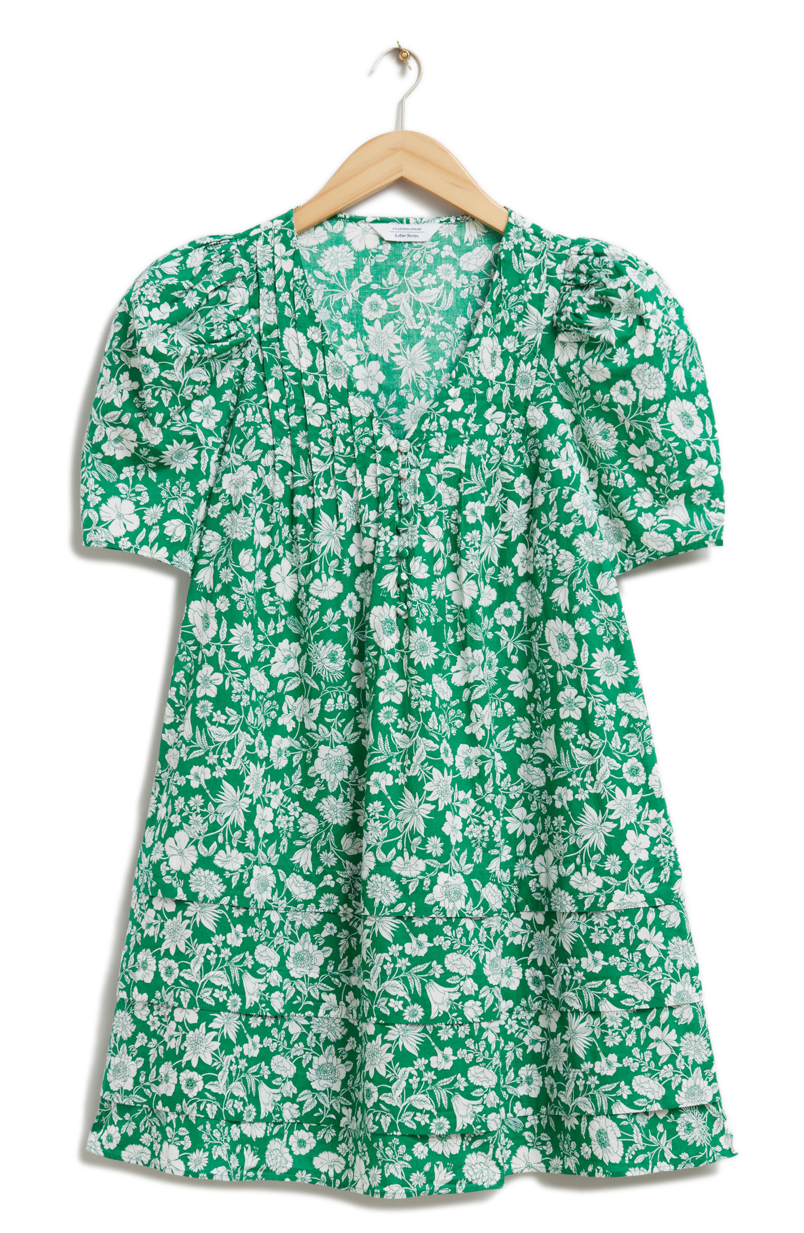 & Other Stories Print Pintuck Puff Sleeve Dress in Blue/Green Flower Pia Op  | Smart Closet