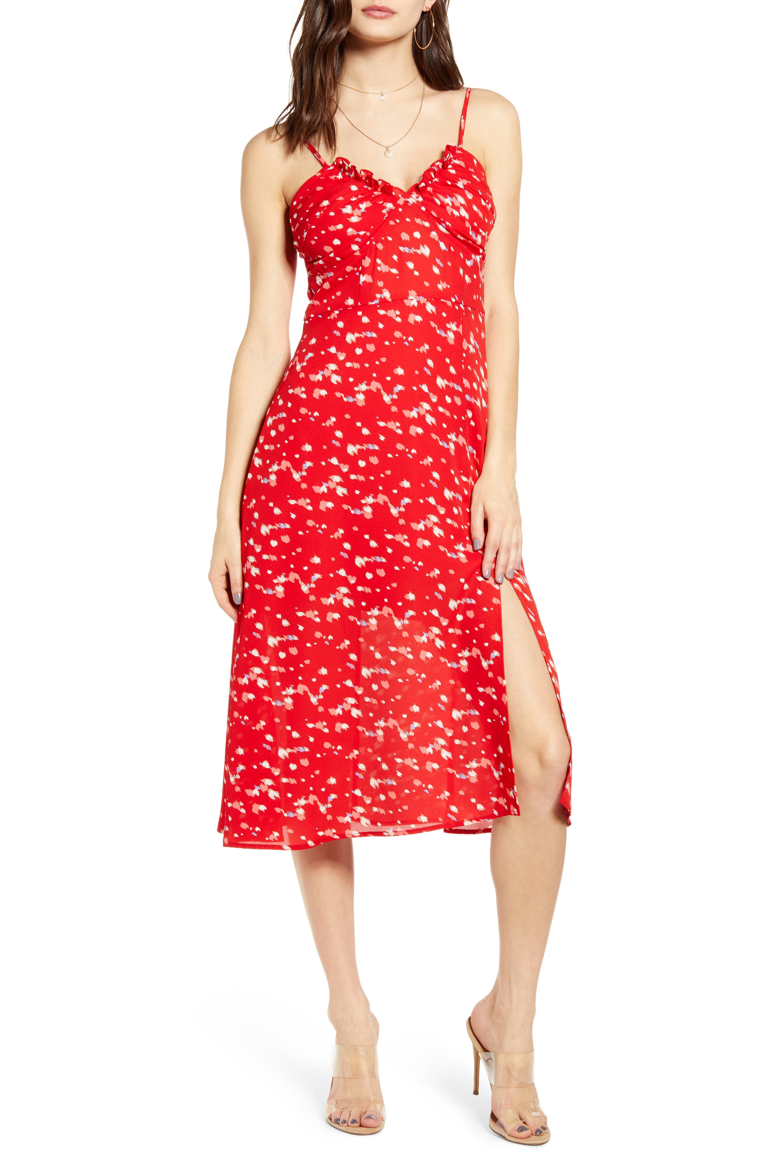 Row A Shirred Bustier Bodice Midi Sundress, Red