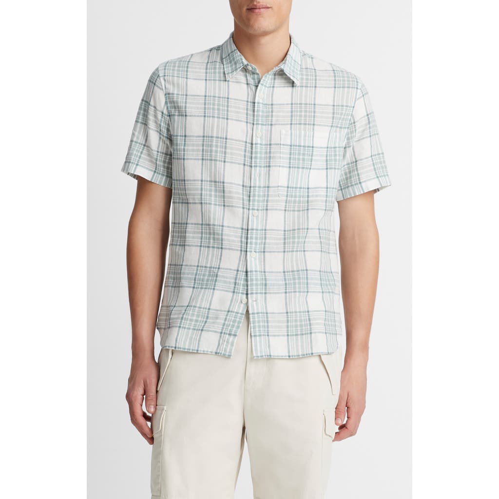 Vince Kino Plaid Linen Blend Short Sleeve Button-up In Mirage Teal/optic White