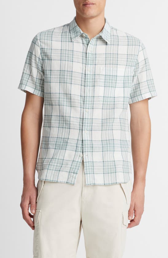Shop Vince Kino Plaid Linen Blend Short Sleeve Button-up In Mirage Teal/ Optic White