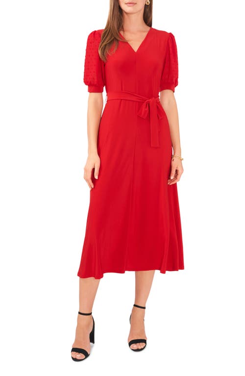 Clip Dot Puff Sleeve Tie Front Midi Dress in Cece Red