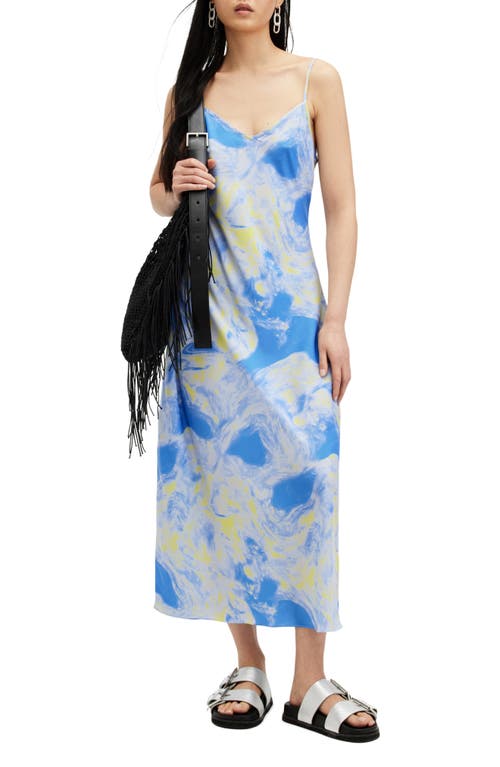 Allsaints Womens Violet Blue Bryony Graphic-print Woven Midi Slip Dress In Violet Blue
