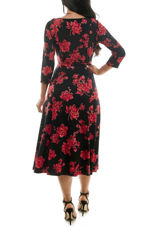 Nina Leonard Sylvia Floral A-line Midi Dress In Black/red Foil