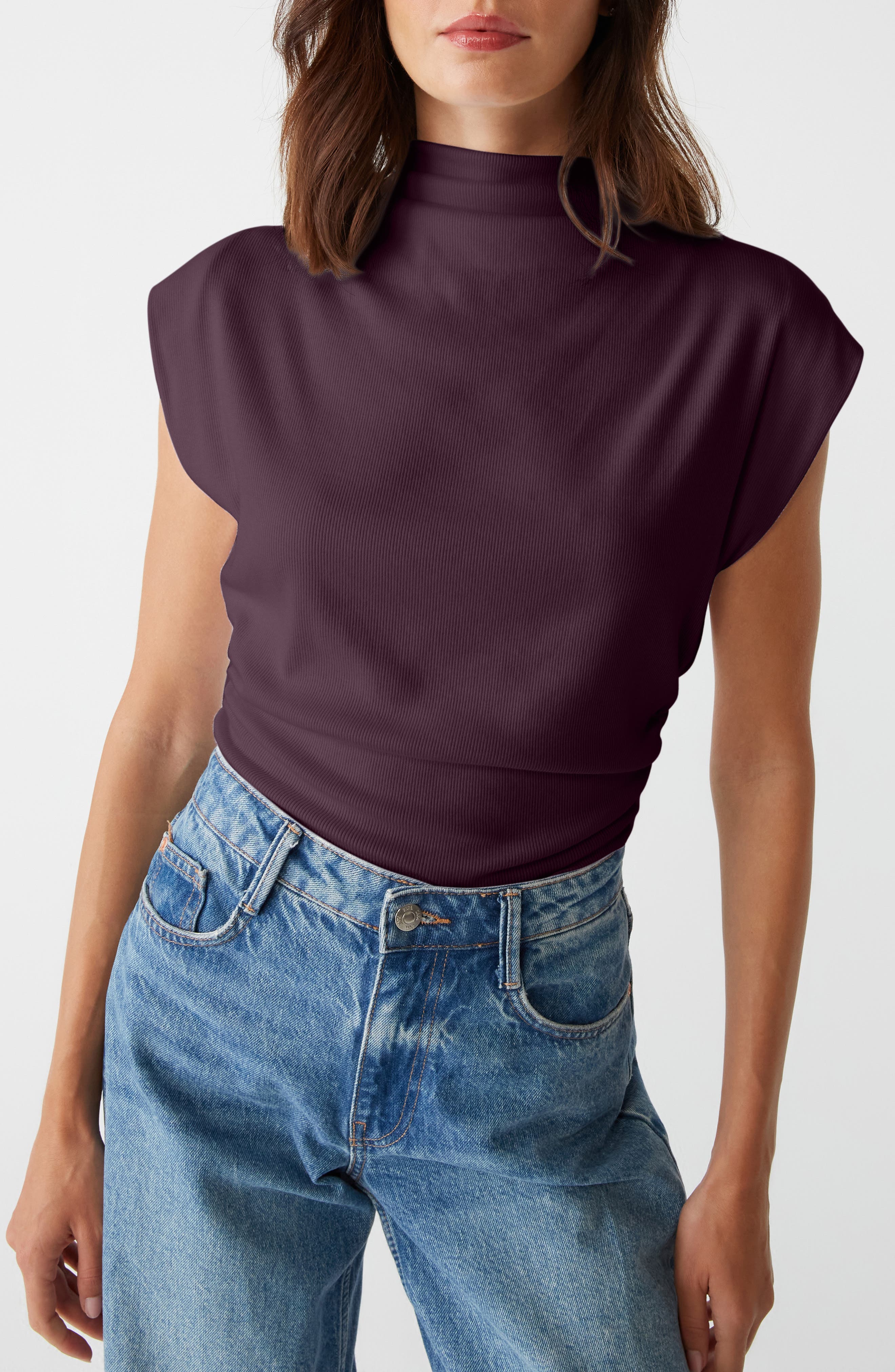 Michael Stars Amara Ruched Cowl Neck Rib T-Shirt in Beetroot 