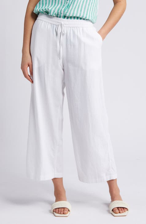 Womens Capri Pants 2024 Casual Summer Drawstring Elastic High Waist Linen  Pant Straight Wide Leg Cropped Trousers