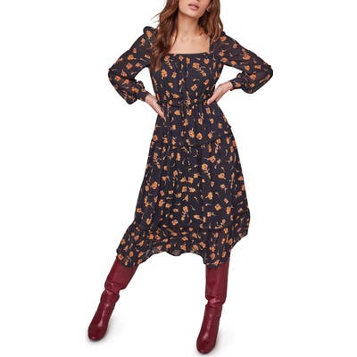 Astr The Label Padma Floral Square Neck Long Sleeve Dress, Black