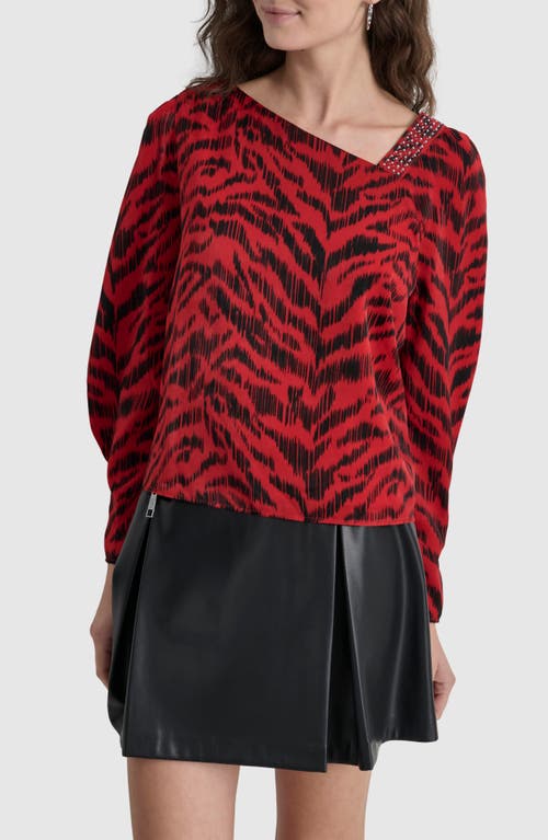 Shop Dkny Asymmetric Neck Satin Top In Red Tiger