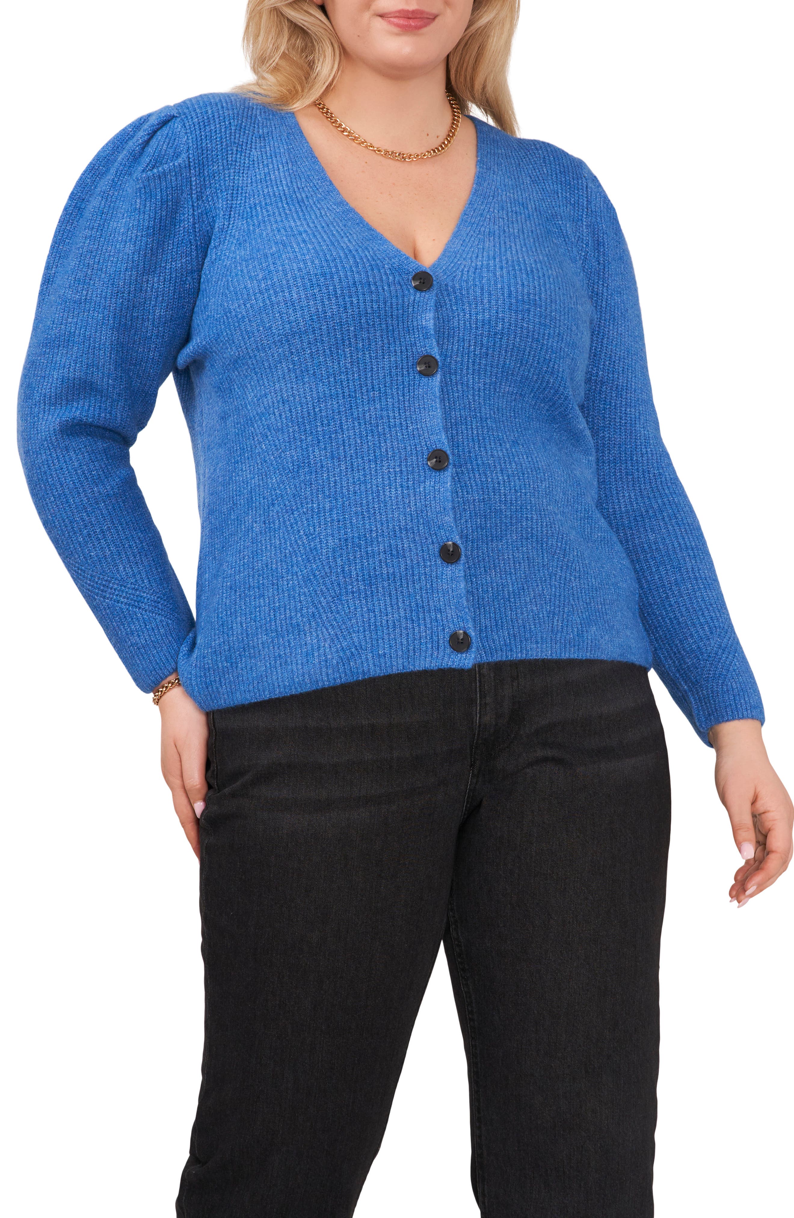 blue puff sleeve cardigan