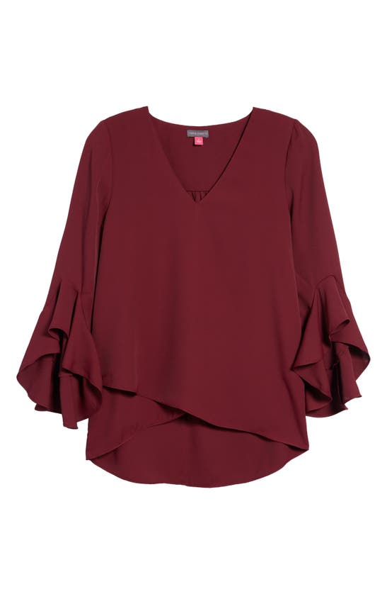 Vince Camuto Flutter Sleeve Crossover Georgette Tunic Top In Crisp Merlot