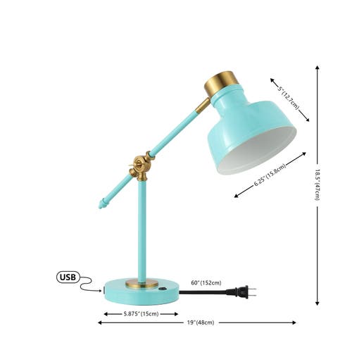 Jonathan Y Allegra Classic Farmhouse Adjustable Cantilever Led Task Lamp With Usb Charging Port In Cyan/brass Gold