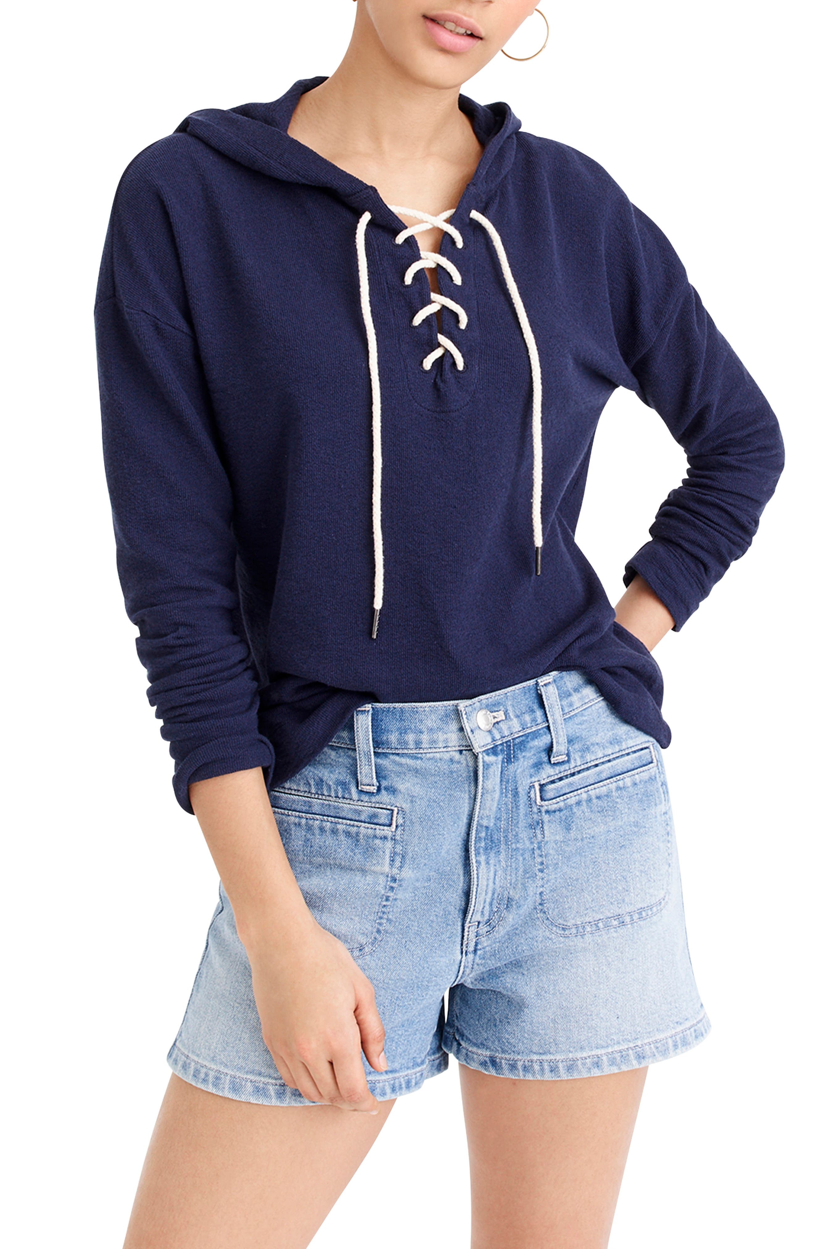 Plus Size J.crew Lace-Up Swing Hoodie Pullover Sweatshirt, Size - Blue