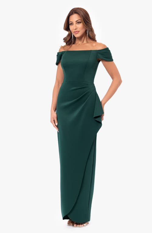 Shop Xscape Evenings Ruched Off The Shoulder Scuba Crepe Gown In Hunter