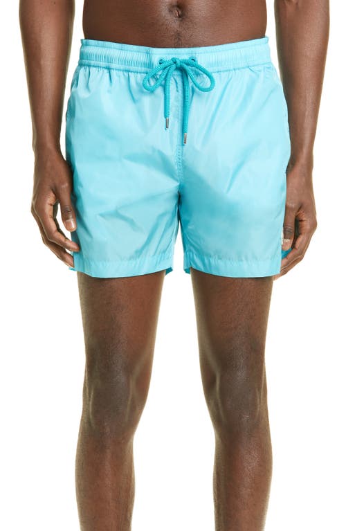 Moncler Logo Patch Swim Trunks in Teal at Nordstrom, Size Large