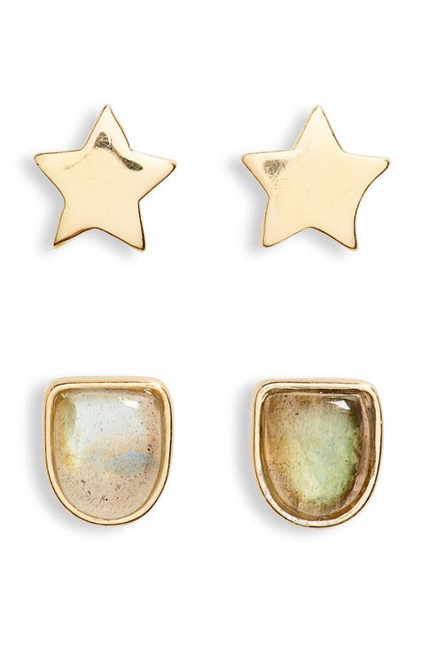 Set of 2 Labradorite & Star Stud Earrings