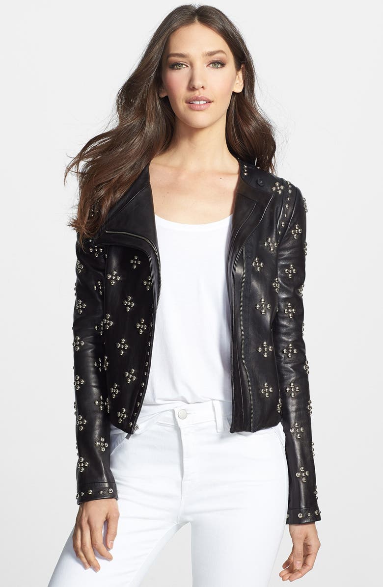Diane Von Furstenberg Cocoa Studded Leather Moto Jacket