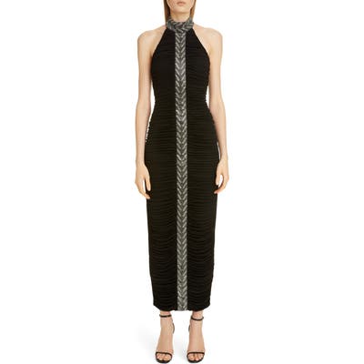 Balmain Embellished Stripe Halter Gown, Black