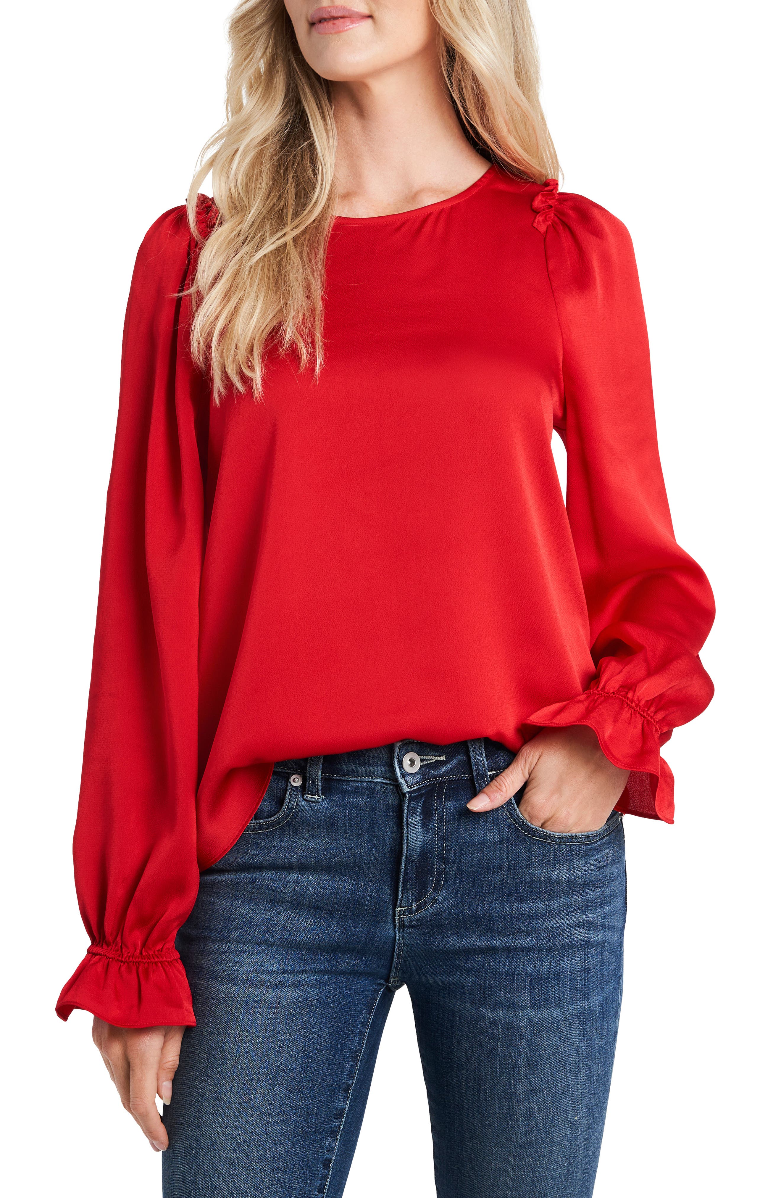 Cece By Cynthia Steffe Textured Satin Long Puff Sleeve Blouse In