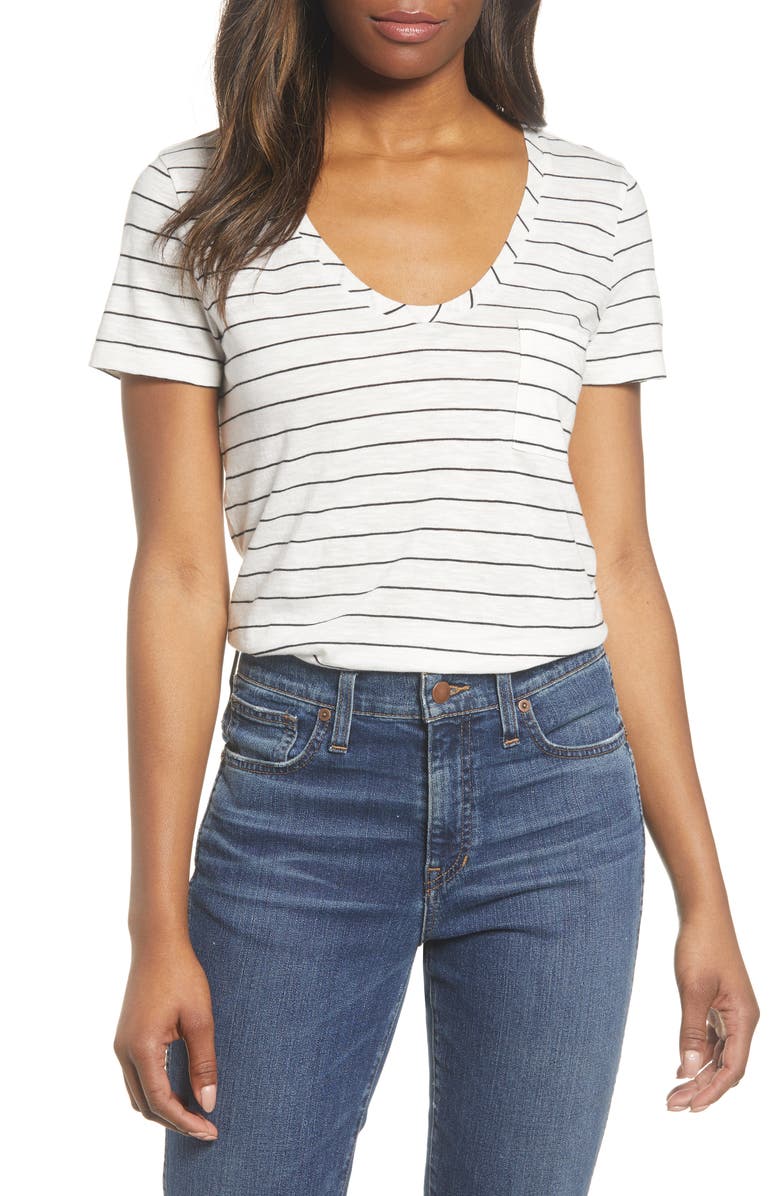  Rounded V-Neck Tee, Main, color, IVORY- BLACK LAUREN STRIPE