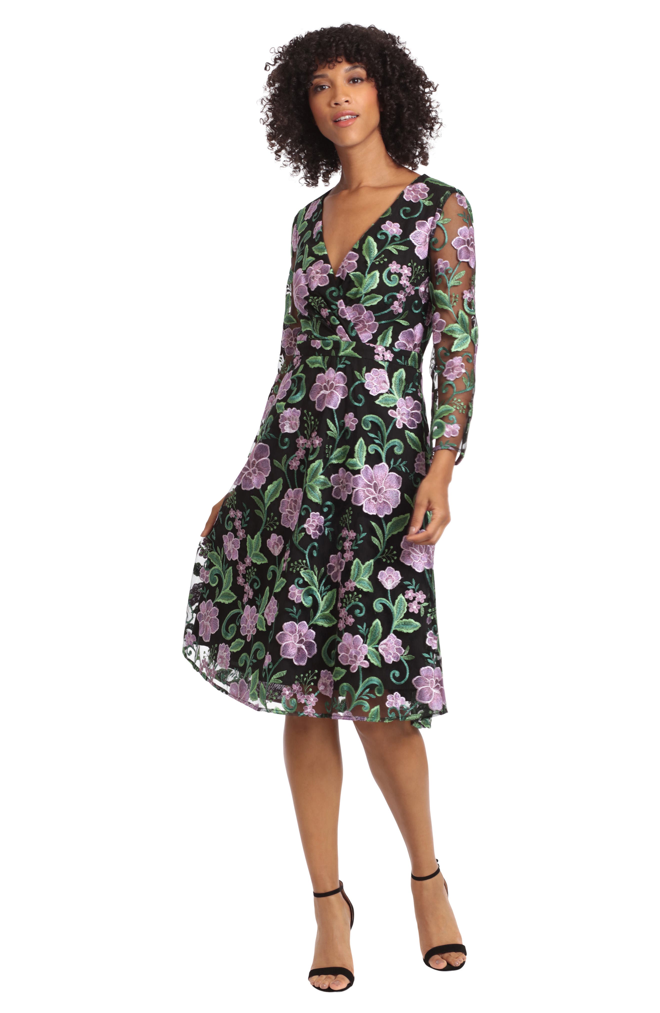 Maggy London Surplice Neck Long Sleeve Floral Embroidered A-Line Cocktail Dress in Dark Purple/Dark Green at Nordstrom Rack, Size 6