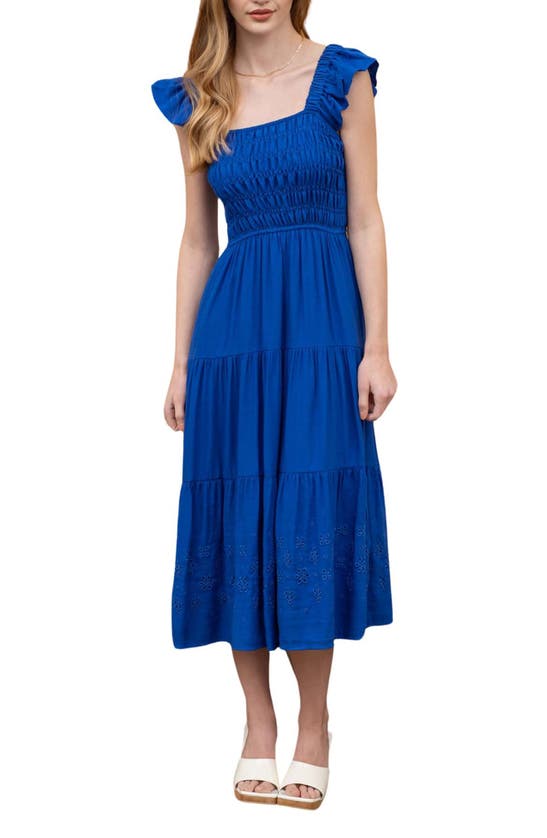 Shop Blu Pepper Eyelet Flutter Sleeve Midi Dress In Royal Blue