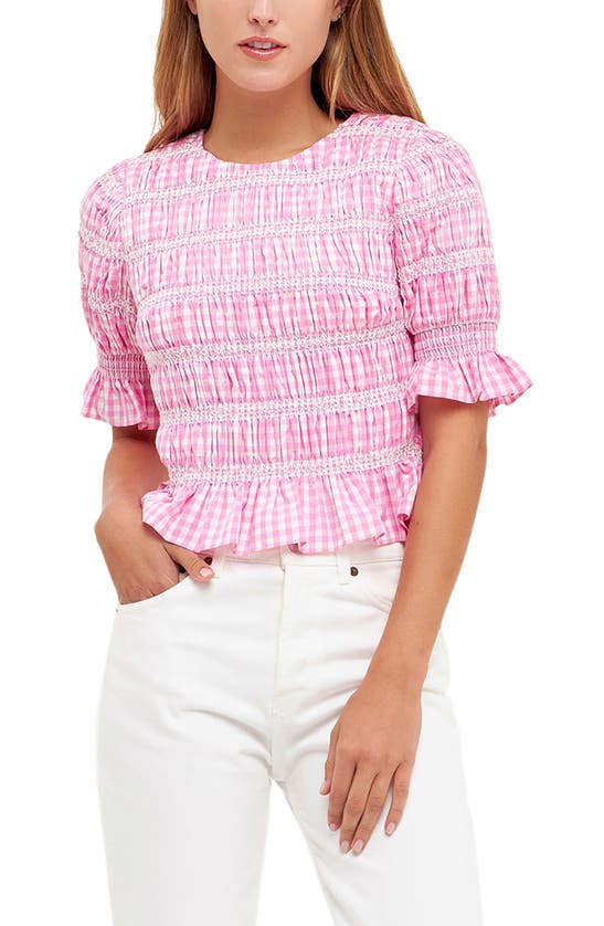 ENGLISH FACTORY SMOCKED GINGHAM PUFF SLEEVE TOP