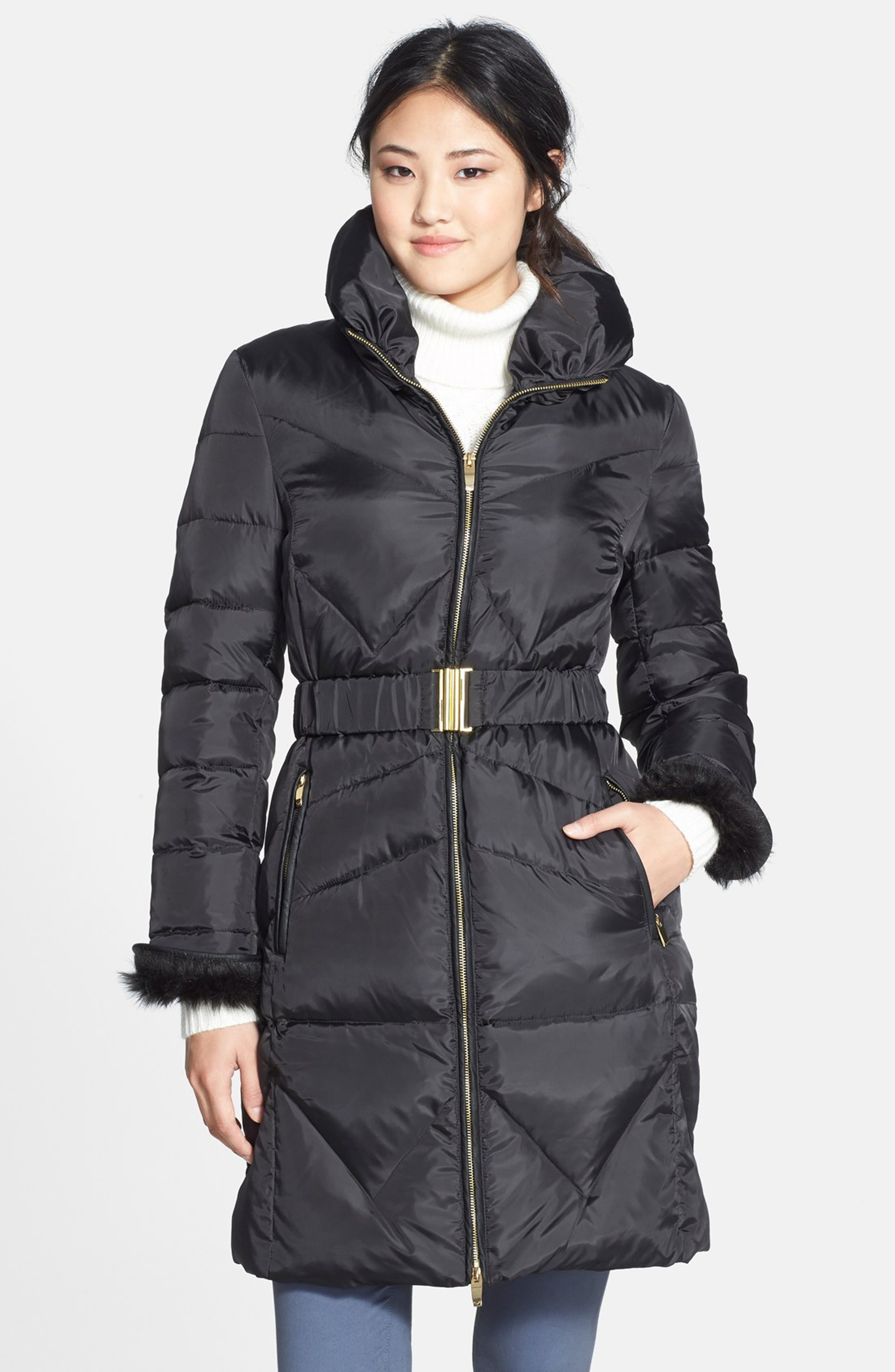Via Spiga Faux Fur Cuff Belted Down & Feather Coat (Online Only ...