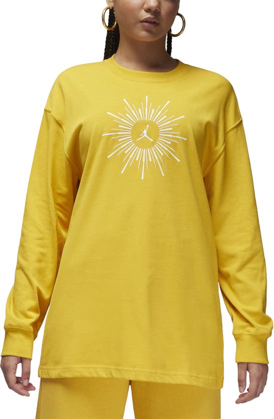 Shop Jordan Flight Heiress Of Optimism Long Sleeve Oversize Cotton T-shirt In Yellow Ochre/ Sail