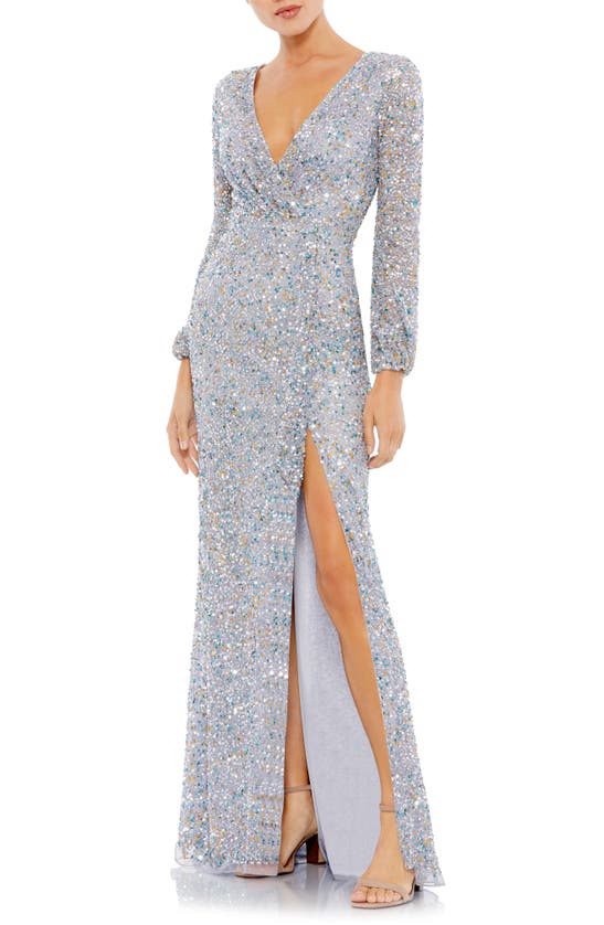 Mac Duggal Long Sleeve Sequin Column Gown In Silver Modesens