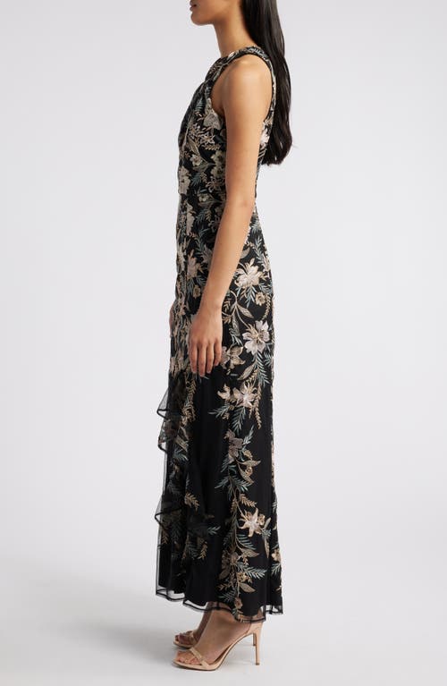 Shop Maggy London Floral Embroidered Mesh Gown In Black/mauve/gold