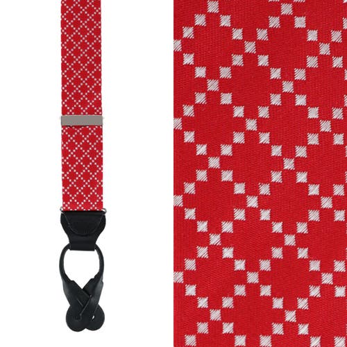 Trafalgar Rowan Geometric Pattern Silk Button End Suspenders In Red