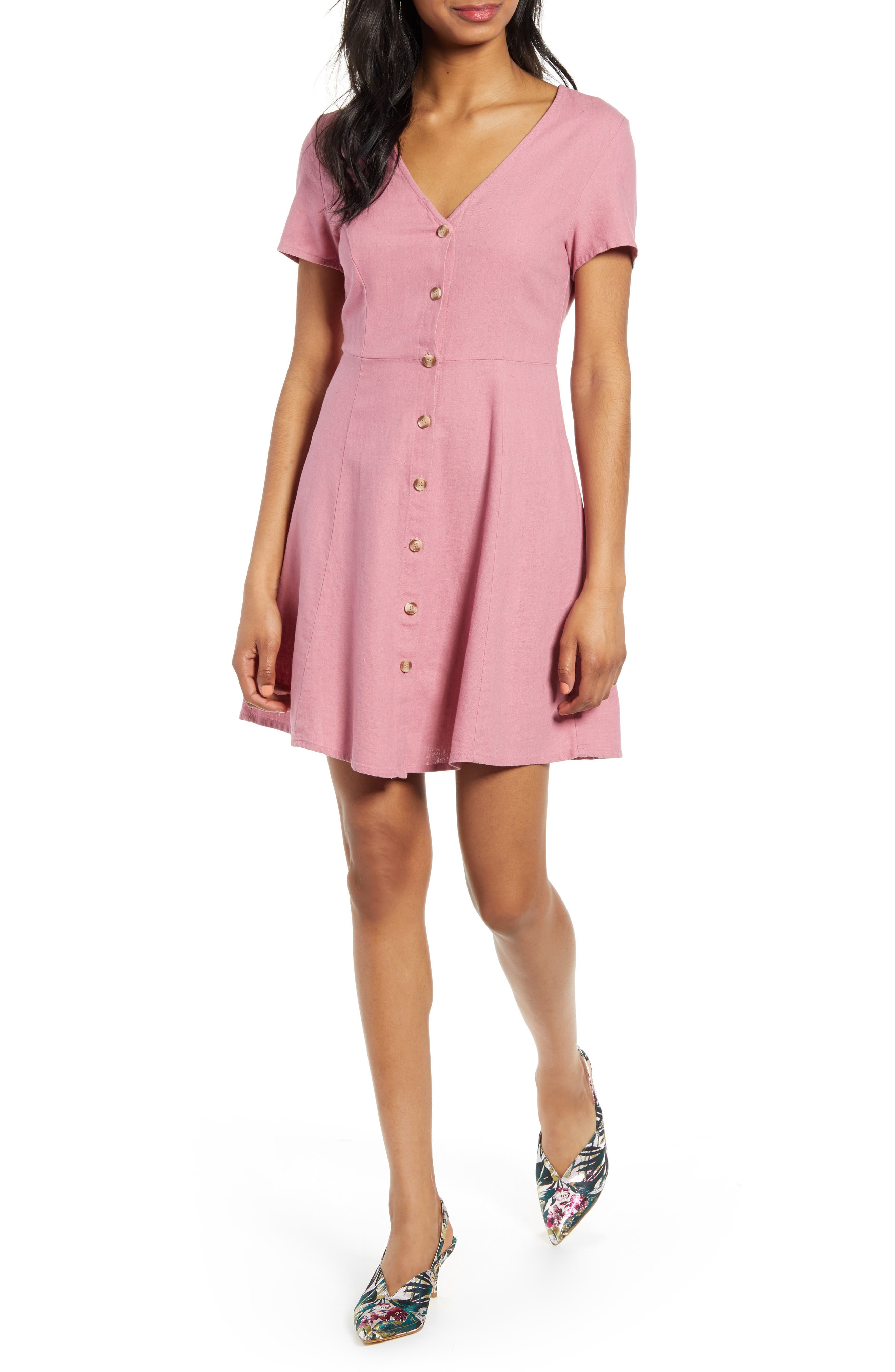 Vero Moda Anna Button Through Fit & Flare Dress, Pink