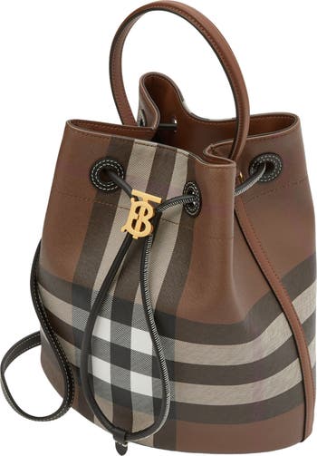 Leather-trimmed checked coated-canvas bucket bag