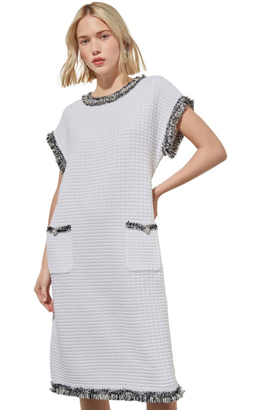 Shop Ming Wang Fringe Trim Tweed Shift Dress In White/ Black