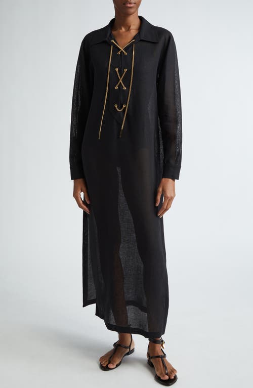 Michael Kors Collection Lace-Up Chain Long Sleeve Linen Gauze Shirtdress Black at Nordstrom,